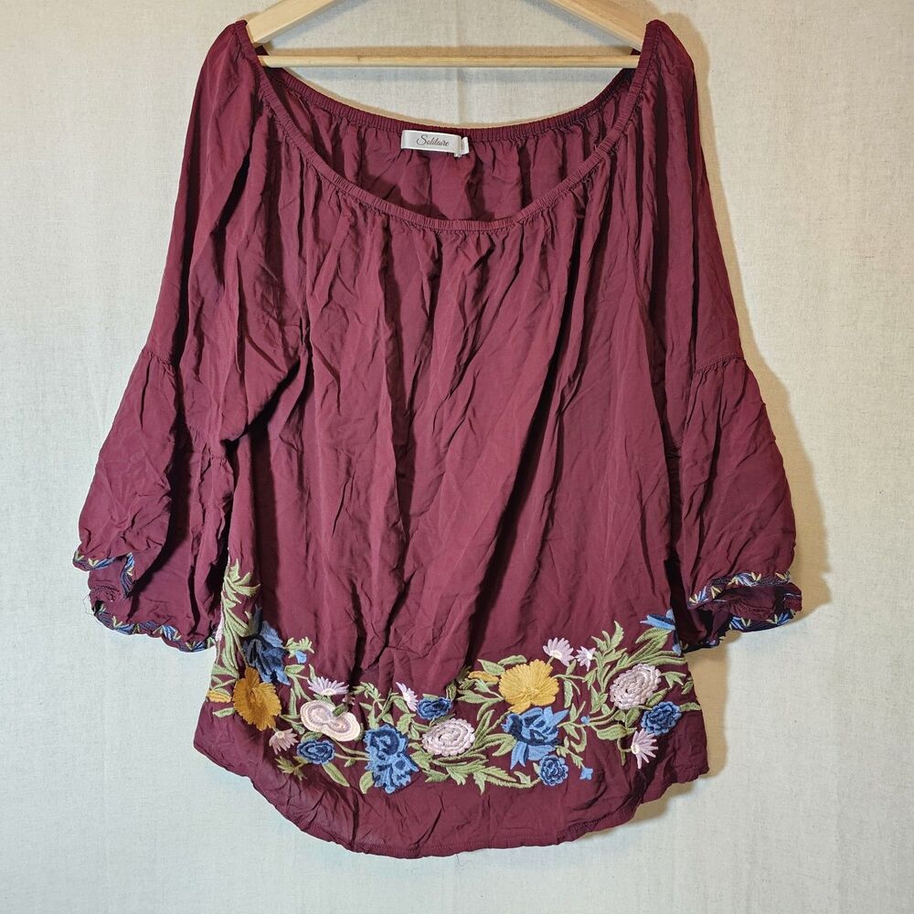 Solitaire Womens Peasant Top Maroon Floral Embroidery Bell Sleeve Boho Size 1X
